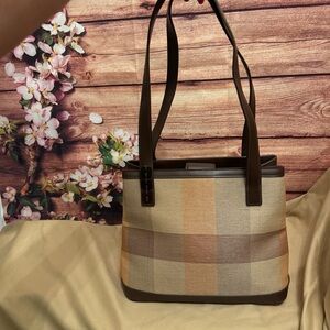 Nine West Plaid Tote Bag Brown Tan Shoulder Bag Large Work Tote